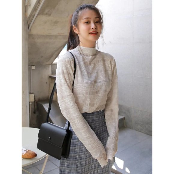 Mock Neck Lace Long Sleeve Top - Picture 2 of 6